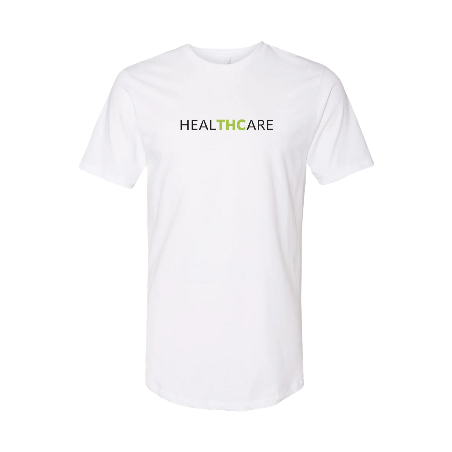 Mens Elongated Tee. HealTHCare Logo. White