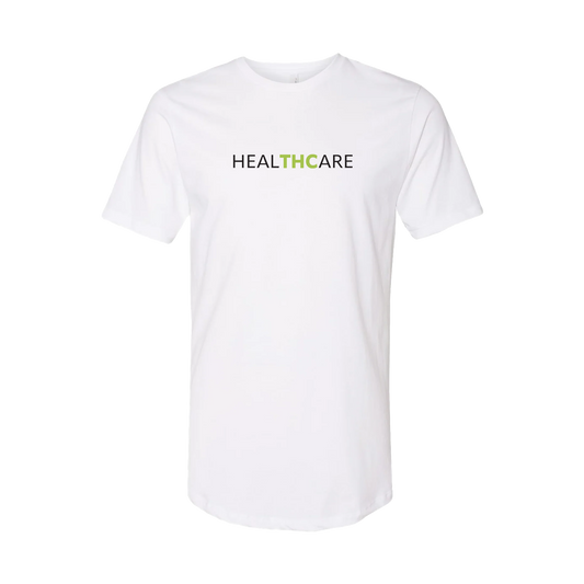 Mens Elongated Tee. HealTHCare Logo. White